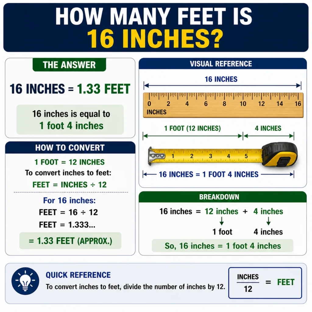 how many feet is 16 inches